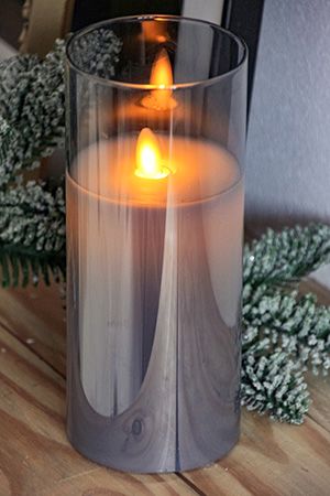 Восковая светодиодная свеча в стакане ТАНЦУЮЩЕЕ ПЛАМЯ, тёплый белый LED-огонь, дымчатая, батарейки, 7.5х17.5 см, Edelman, Mica