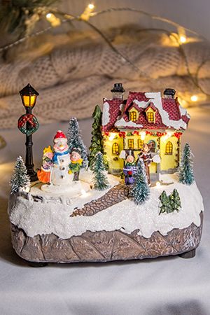Светящаяся миниатюра ПРАЗДНИК ВО ДВОРЕ со Снеговиком, полистоун, с LED-огнями, динамика, 19x13 см, батарейки, Kaemingk (Lumineo)