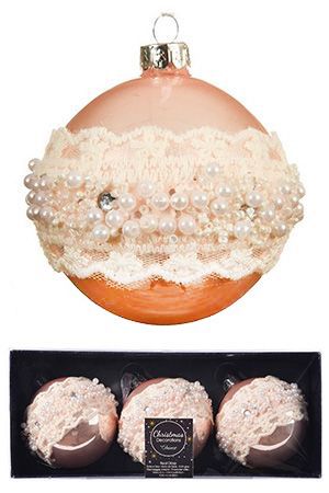 Набор стеклянных шаров ЖЕМЧУЖНОЕ КРУЖЕВО, нежно-розовые, 8 см (3 шт.), Kaemingk (Decoris)