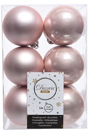 Набор однотонных пластиковых шаров глянцевых и матовых, цвет: нежно-розовый, 60 мм, упаковка 12 шт., Winter Deco
