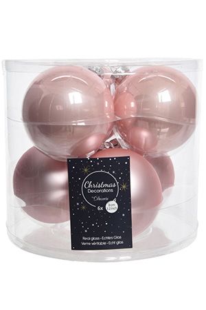 Набор стеклянных шаров матовых и глянцевых, цвет: нежно-розовый, 80 мм, упаковка 6 шт., Winter Deco