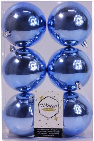 Набор однотонных пластиковых шаров глянцевых, цвет: голубой, 80 мм, упаковка 6 шт., Winter Deco
