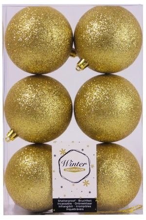 Набор однотонных пластиковых шаров глиттерных, цвет: золотой, 80 мм, упаковка 6 шт., Winter Deco