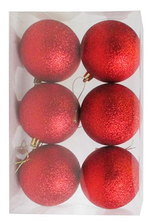 Набор однотонных пластиковых шаров, глиттер, красные, 80 мм, упаковка 6 шт., Winter Deco