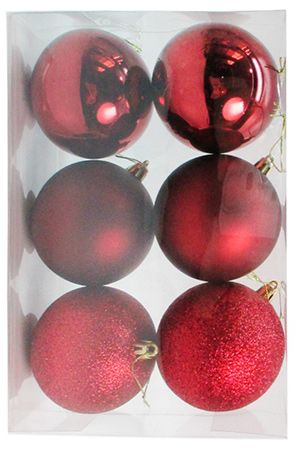 Набор однотонных пластиковых шаров, МИКС, бордовые, 80 мм, упаковка 6 шт., Winter Deco