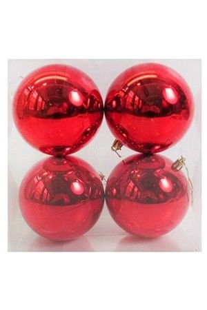 Набор однотонных пластиковых шаров, глянцевые, красные, 100 мм, упаковка 4 шт., Winter Deco