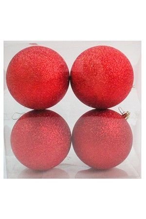 Набор однотонных пластиковых шаров, глиттер, красные, 100 мм, упаковка 4 шт., Winter Deco