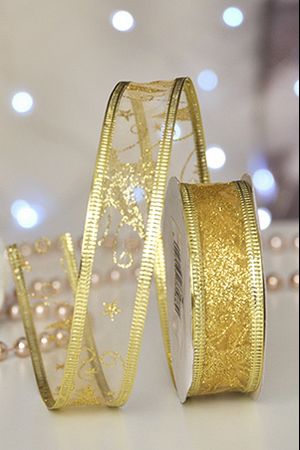 Лента для декорирования БАНТОВАЯ узорчатая, золотая, 2.5х270 см, Новогодняя сказка
