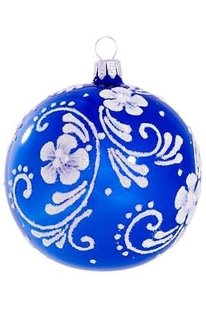 Стеклянный ёлочный шар БЕЛЫЕ ЦВЕТЫ, узорчатый, синий, 75 мм, Елочка