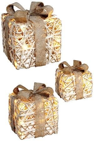 Набор декоративных подарочных коробок ПРИРОДНОЕ ОЧАРОВАНИЕ, 20 тёплых белых LED-огней, 3 шт., Edelman