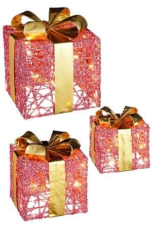 Набор декоративных подарочных коробок РОЗОВОЕ ОЧАРОВАНИЕ, 25 тёплых белых LED-огней, 3 шт., Edelman