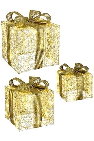 Светящиеся подарочные коробки ЗОЛОТИСТОЕ ОЧАРОВАНИЕ, тёплые белые мини LED-огни, набор 3 шт., батарейки, Edelman