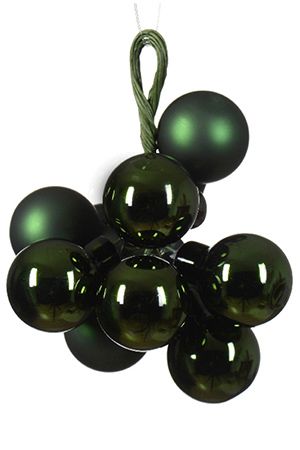 ГРОЗДЬ стеклянных глянцевых и матовых шариков на проволоке, 10 шаров по 20 мм, цвет: зелёный бархат, Winter Deco