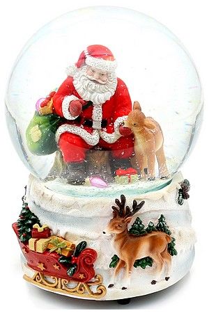 Музыкальный снежный шар САНТА С НЕЖНЫМ ОЛЕНЕНКОМ, полистоун, стекло, 15 см, батарейки, Sigro