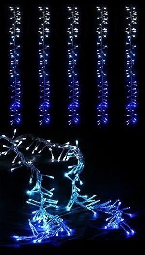 Светодиодный занавес БЕГУЩИЙ ОГОНЬ (Cluster lights), 150 холодных белых-небесно-голубых-синих LED ламп, 2x1.6 м, прозрачный силиконовый провод, уличная, BEAUTY LED