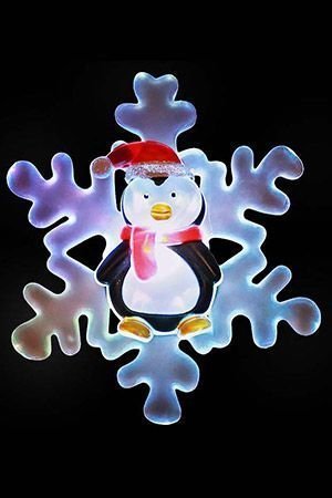 Светящаяся СНЕЖИНКА С ПИНГВИНОМ, на присоске, RGB LED-огонь, 10 см, батарейки, SNOWHOUSE