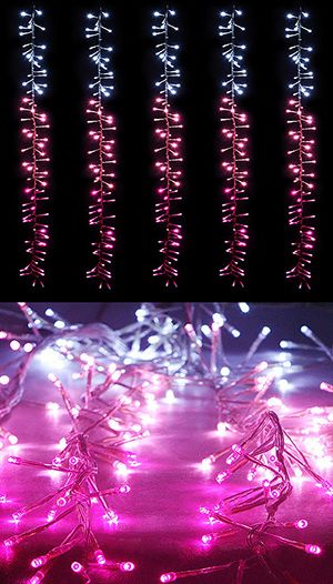 Светодиодный занавес БЕГУЩИЙ ОГОНЬ (Cluster lights), 150 холодных белых-нежно-розовых-розовых LED ламп, 2x1.6 м, прозрачный силиконовый провод, уличная, BEAUTY LED
