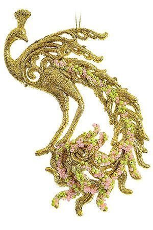Ёлочное украшение РОМАНТИЧНЫЙ ПАВЛИН акрил, с бисером, золотой, 15 см, Kaemingk