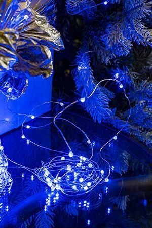Электрогирлянда МЕРЦАЮЩАЯ НИТЬ (роса), 120 ультра ярких синих mini LED-ламп на серебряной проволоке, 12+1.5 м, контроллер, уличная, SNOWHOUSE
