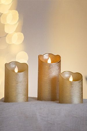 Светодиодная восковая свеча ПРАЗДНИЧНАЯ, с глиттером, золотая, тёплый белый LED-огонь колышущийся, 7.5x12.5 см, батарейки, таймер, Kaemingk (Lumineo)