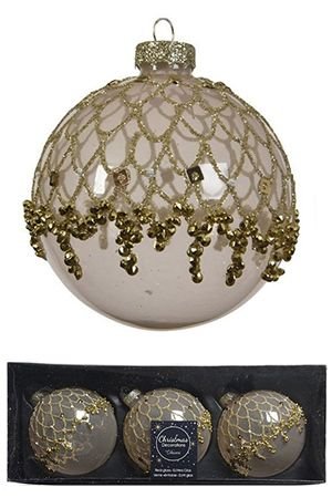 Набор ёлочных шаров ИЗИДОРА, бежевый, стекло, 8 см, упаковка 3 шт., Kaemingk (Decoris)