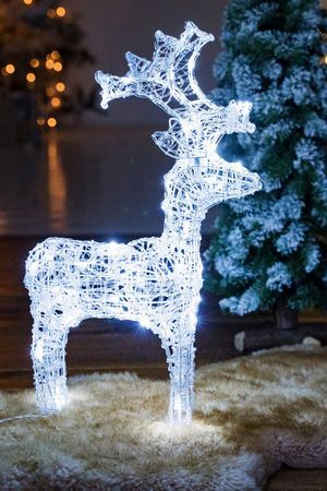 Светящаяся фигура АЖУРНЫЙ ОЛЕНЬ прозрачные акриловые нити, 120 холодных белых LED-огней, мерцающий, 120 см+5 м, уличный, Kaemingk