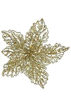 Пуансеттия АЖУРНОЕ ЧУДО, на клипсе, золотая с цветными блёстками, 23.5 см, Kaemingk