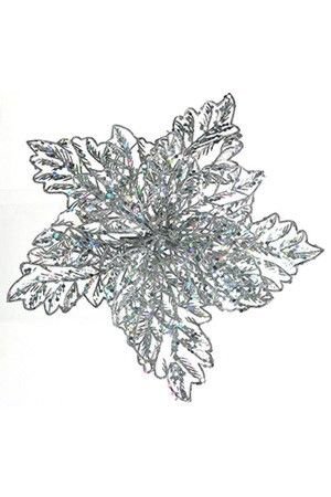 Пуансеттия АЖУРНОЕ ЧУДО, на клипсе, серебряная с цветными блёстками, 23.5 см, Kaemingk