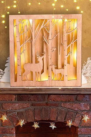 Светящееся объёмная композиция ОЛЕНЬЯ ОПУШКА, дерево, 15 тёплых белых LED-огней, 23x23x3 см, батарейки, Kaemingk