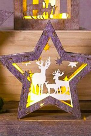 Светящаяся объёмная миниатюра ОЛЕНИЙ УГОЛОК (звезда), дерево, 10 тёплых белых LED-огней, 34х32х6 см, батарейки, STAR trading