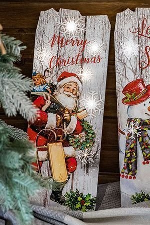 Настенное светящееся  панно CHRISTMAS TIME - САНТА, дерево, 6 тёплых белых LED-огней, 21x60 см, таймер, батарейки, Kaemingk