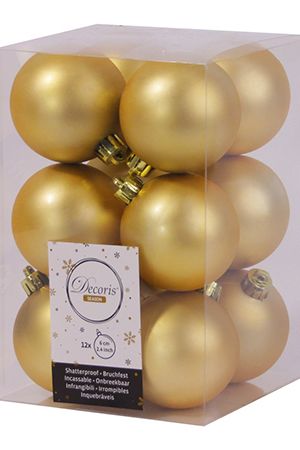 Набор однотонных пластиковых шаров матовых, цвет: золотой, 60 мм, упаковка 12 шт., Kaemingk