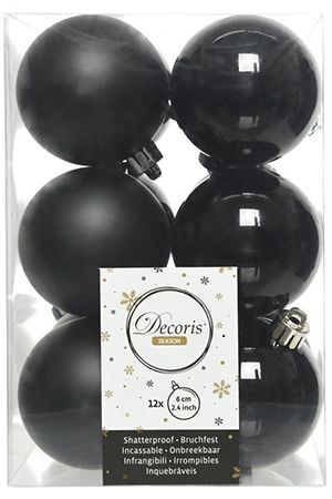 Набор однотонных пластиковых шаров глянцевых и матовых, цвет: черный, 60 мм, упаковка 12 шт., Kaemingk