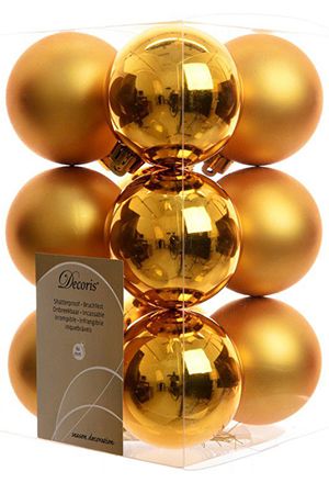 Набор однотонных пластиковых шаров глянцевых и матовых, цвет: насыщенно-золотой, 60 мм, упаковка 12 шт., Kaemingk