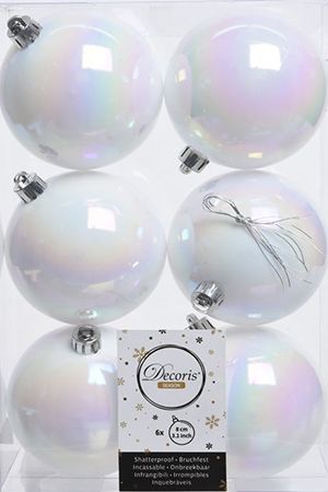 Набор однотонных пластиковых шаров глянцевых, цвет: белый перламутр, 80 мм, упаковка 6 шт., Winter Deco