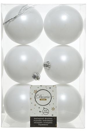 Набор однотонных пластиковых шаров матовых, цвет: белый, 80 мм, упаковка 6 шт., Winter Deco