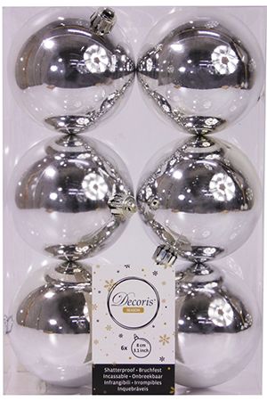 Набор однотонных пластиковых шаров глянцевых, цвет: серебряный, 80 мм, упаковка 6 шт., Kaemingk
