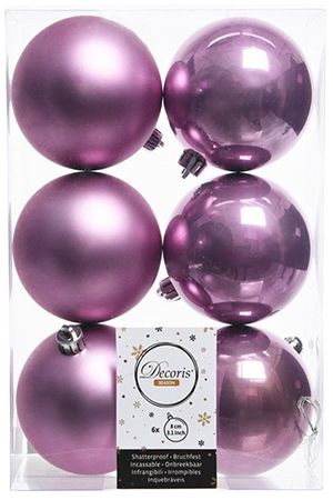Набор однотонных пластиковых шаров глянцевых и матовых, цвет: сиреневый, 80 мм, упаковка 6 шт., Kaemingk