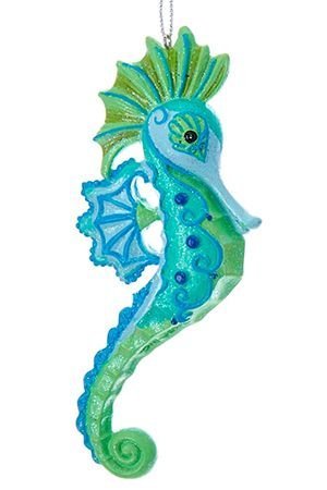 Ёлочная игрушка РАСПИСНОЙ МОРСКОЙ КОНЁК - голубой с зеленым, полистоун, 11 см, подвеска, Kurts Adler