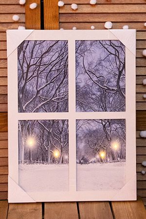 Светящееся панно ОКОШКО С ВИДОМ НА ПАРК - УТРО, дерево, 6 холодных белых LED-огней, 2.5x37x50 см, батарейки, Kaemingk