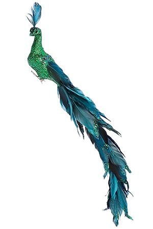 Украшение ПАВЛИН ИСКОРКА на клипсе, перо, зелёный, 41 см, Edelman