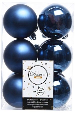 Набор однотонных пластиковых шаров глянцевых и матовых, цвет: синий, 60 мм, упаковка 12 шт., Winter Deco