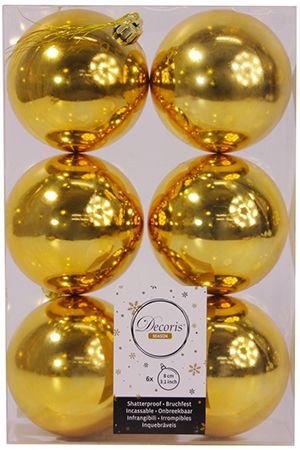 Набор однотонных пластиковых шаров глянцевых, цвет: золотой, 80 мм, упаковка 6 шт., Kaemingk