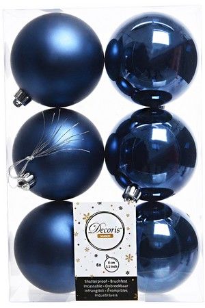 Набор однотонных пластиковых шаров глянцевых и матовых, цвет: синий, 80 мм, упаковка 6 шт., Winter Deco