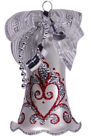 Елочное украшение колокольчик СЕРЕБРИСТЫЙ, красный орнамент, 85 мм, Елочка