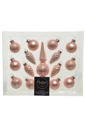 Набор стеклянных украшений для настольной ёлочки МИНИАТЮРНЫЙ нежно-розовый (15 предметов, 3 см, 5 см и 14 см), Kaemingk