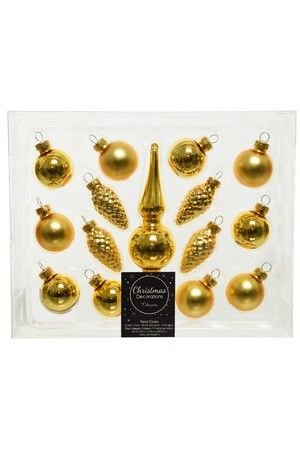 Набор стеклянных украшений для настольной ёлочки МИНИАТЮРНЫЙ золотой (15 предметов, 3 см, 5 см и 14 см), Kaemingk