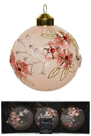 Набор стеклянных шаров ЦВЕТОЧНАЯ РОМАНТИКА, нежно-розовые цветы, 8 см, упаковка 3 шт., Kaemingk (Decoris)