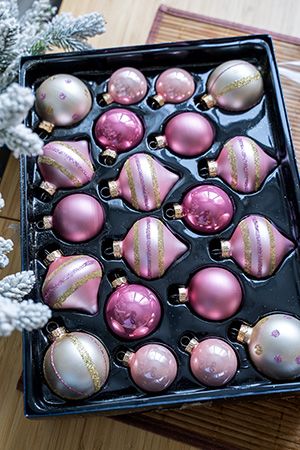 Набор стеклянных украшений для маленькой ёлки МИНИ ЛАКШЕРИ, нежно-розовый, розовый бархат и перламутровый, 4-6 см, упаковка 20 шт., Kaemingk (Decoris)