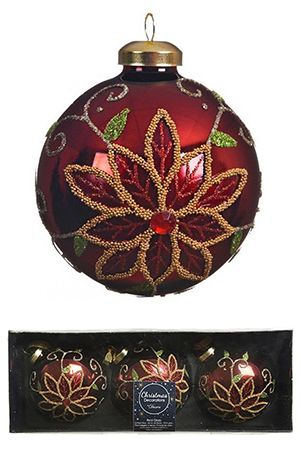 Набор стеклянных ёлочных шаров БИСЕРНЫЕ ПУАНСЕТТИИ, бордовый, 8 см, упаковка 3 шт., Kaemingk (Decoris)